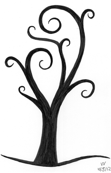 A black tree of few, leaf-less, swirling branches.