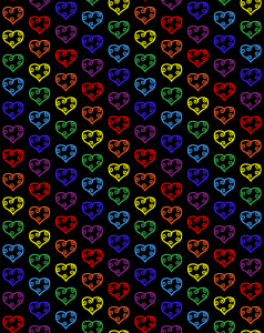 a repeating rainbow pattern of hearts on a black background