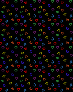 a repeating scatterd pattern of variously colored hearts on a black background