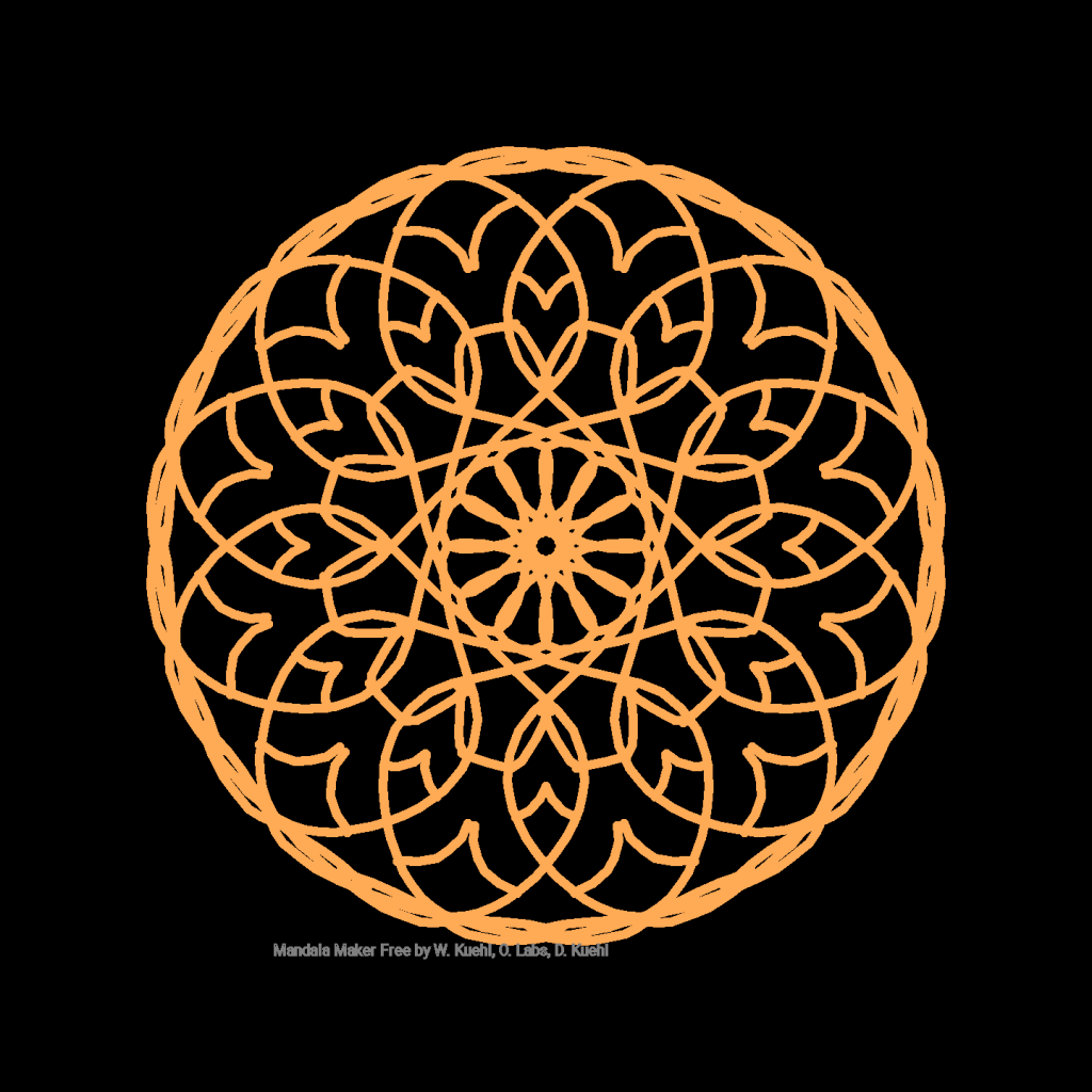 Radially symmetric geometric design in orange on a black background