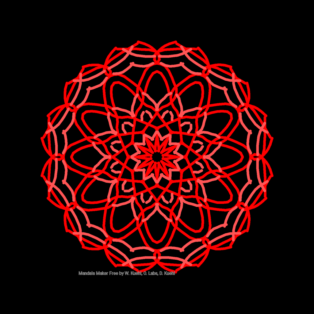 Radially symetric geometric design in shades of red and pink on black background
