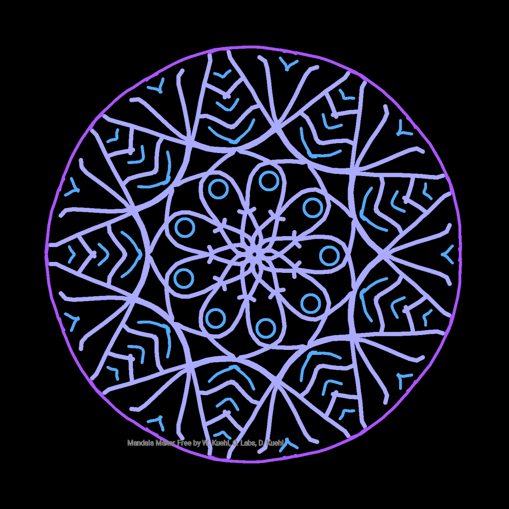 Radially symmetric geometric design in shades of blue on a black background