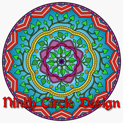 The Heart Like a Flower Grows a mandala with a a blue background, green leaves, striped red/pink hearts, purple petals, and a ring of yellow with orange dots