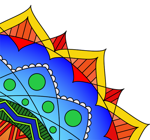 Upper right quadrant of a mandala mostly blue with an edge of yellow and red and green dots