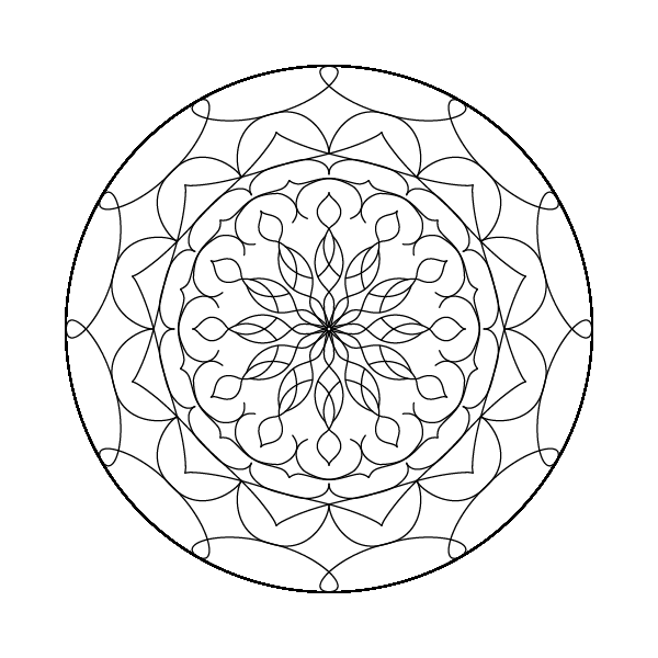 square image, transparent background, black outline mandala with 12-fold symmetry