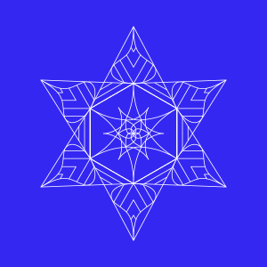 square image, deep blue background, white outlines of 6 pointed star mandala