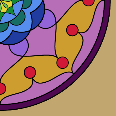 square image, beige background, mostly filled with a mandala issuing from upper left, arcs and swoops and circles, in purples, reds, yellows, and blues