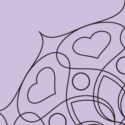 square image with light purple background and black outlines of part of a mandala with swoops and hearts