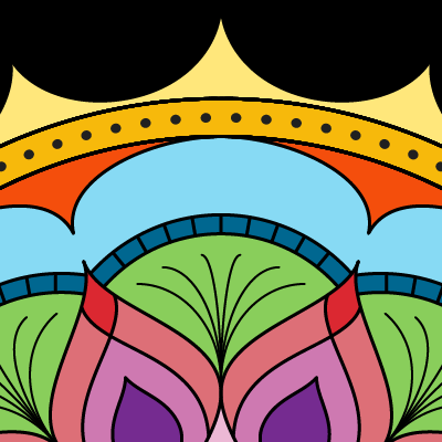 square image, black background mostly obscured by a brightly rainbow colored mandala with circles, arcs and onion shapes