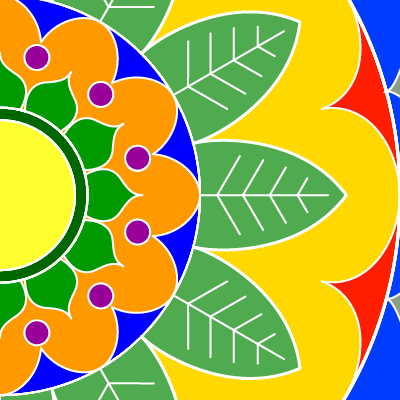 square image, with portion of a brightly colored centered on the left edge and filling the square, yellows and greens, bits of red, orange, blue, purple