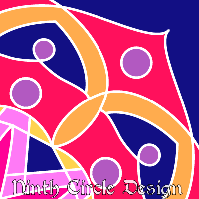 square image with geometric design colored in blue, red, purples, and yellows