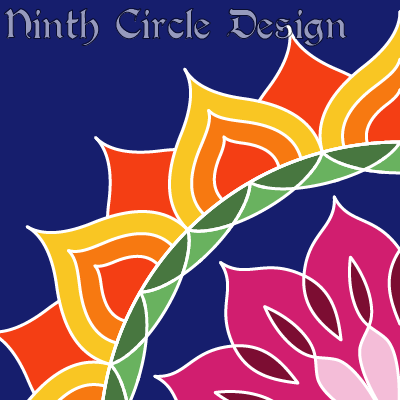 square design, dark blue background, from lower right issues a sort of flower with pink/purple center, then blue, green, and red/orange/yellow flame petals