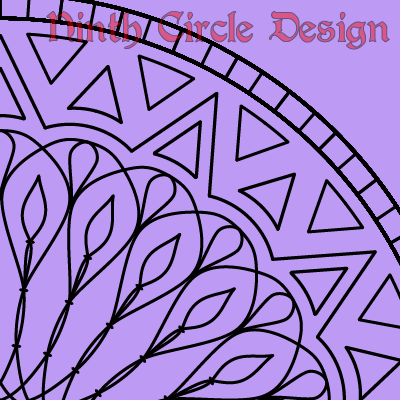 square image, purple background, portion of a radially symmetric geometric design (aka mandala) in black outline