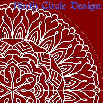 square image with dark red background, white outlines of a portion of a mandala (radially symmetric geometric design) centered near lower left