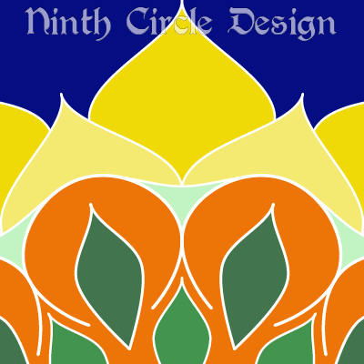 square image, blue background, portion of a mandala issuing from center bottom in green, orange, and yellow leaves and petals