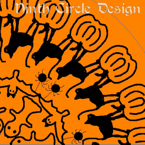 square image, orange background, radially symmetric design centered in lower left with ghosts, bats, spiders, cats, and pumpkins from the center out