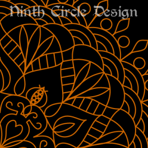 black background, orange outlines of a radially symmetric mandala centered on lower left