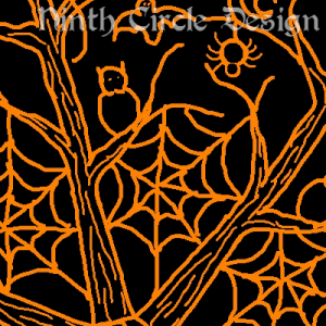 Square image, black background, orange outline with trees, spiderweb, owl, spider, and bat