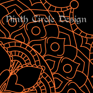 square image, black background, orange outlines of a radially symmetric mandala centered on lower left