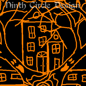 square image, black background, orange outline of a 4-fold mandala of alternating haunted houses and trees with screaming faces