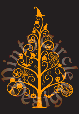 black background, orange silhouette of a sparse pine tree with spooky elements for ornament, topped with a witchy hat, circular watermark in greys