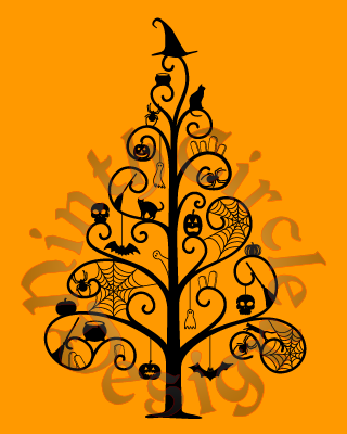 orange background, black silhouette of a sparse pine tree with spooky elements for ornament, topped with a witchy hat, circular watermark in greys