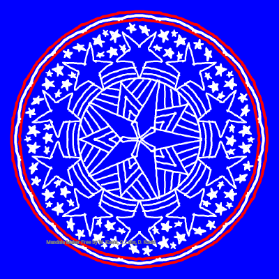 blue background, white outline mandala doodle with a little bit of red