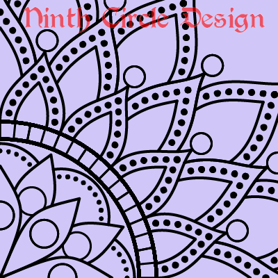 light purple background, black outline mandala with many dots, centered on lower left