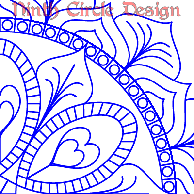 white background, blue outlines of a mandala centered in lower left, "Ninth Circle Design" in red near the top