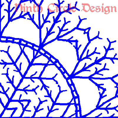 white background, blue outlines of a snowflake-ish mandala centered in lower left, "Ninth Circle Design" in red at the top