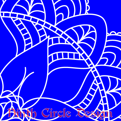 deep blue background, white outlines of a snowflake-ish mandala centered in lower left, "Ninth Circle Design" in red at the bottom