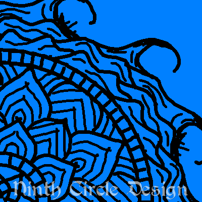 blue background, black outlines of a mandala centered on lower left, the outer edge looks like cresting waves