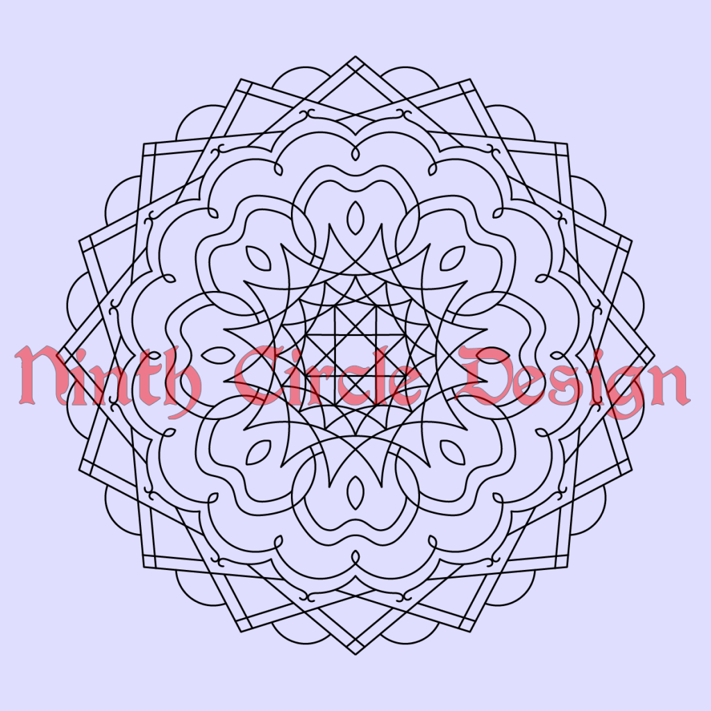 Square light purple background with black outline 8-fold mandala