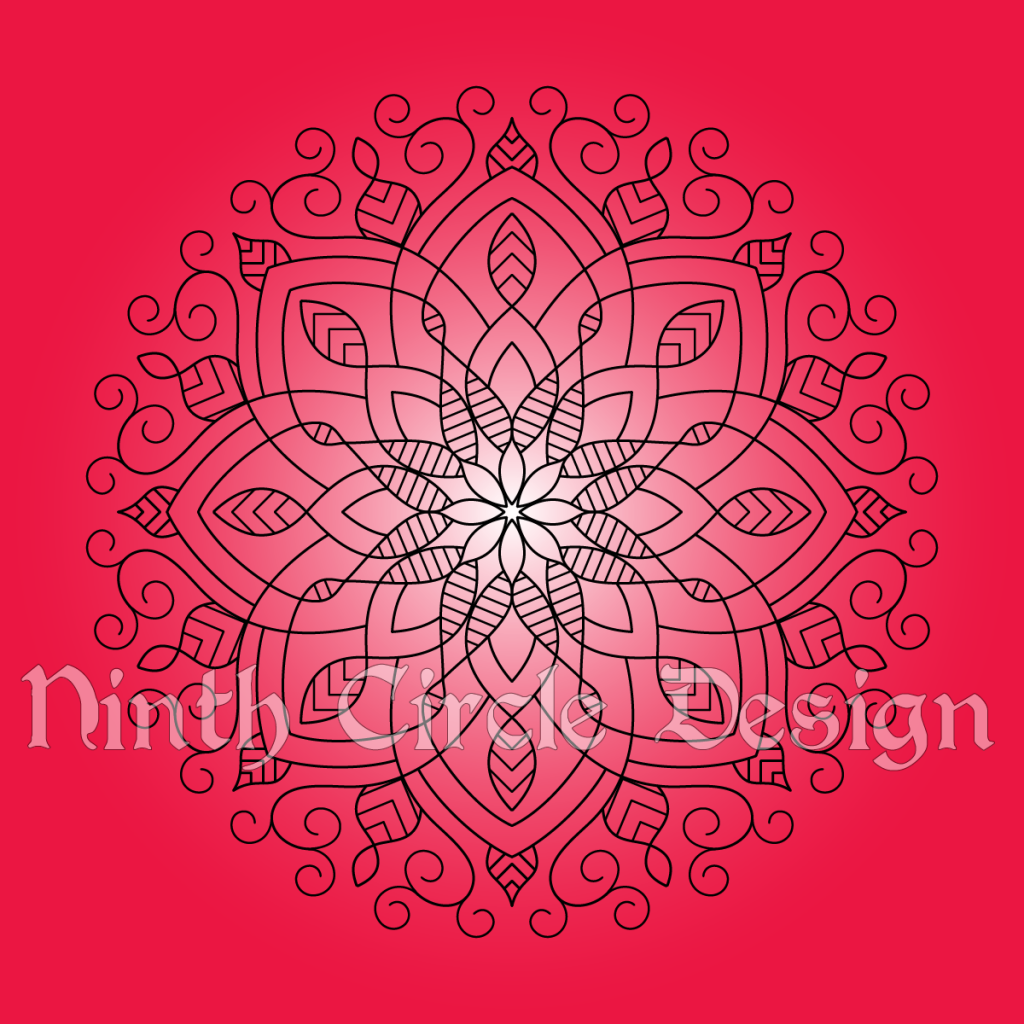 Square image, radial gradient white center to red edges background, black outline 8-fold symmetrical mandala