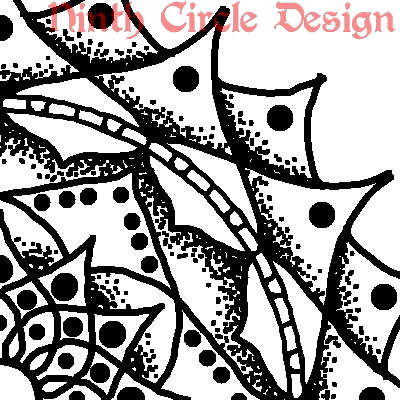 white background, black outline and stippled mandala centered on lower left