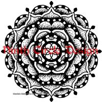 white background, black outline and stippled mandala