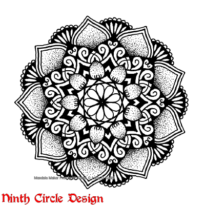 [Image description: white background, mandala with 9-fold symmetry in black (outlines, filled spaces, and stippling).]