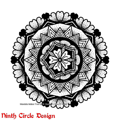 [Image description: on a white background, a black outline, stippled, and solid mandala with 5-fold and 10-fold symmetry.]