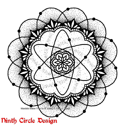 [Image description: on a white background, a black outline and dotted mandala with six and twelve fold symmetry, where part of the center looks like an atomic diagram]