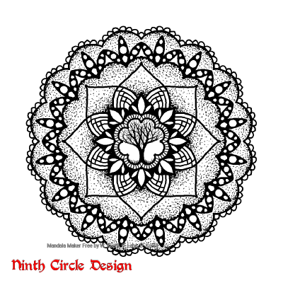 [Image description: white background, mandala with 8-fold and 16-fold symmetry in black (outlines, filled spaces, and stippling), with a sketched tree in the center.]