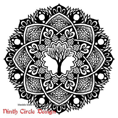 [Image description: white background, a mandala in black outlines and fills with 8-fold symmetry and a leafless tree in the center.]