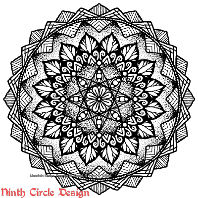 [Image description: white background, a mandala in black outlines, fills, and stippling with 8-fold symmetry.]