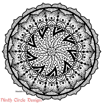 [Image description: white background, a mandala in black outlines and dots with 9-fold symmetry, the center is swirled with no mirror symmetry, the rest has mirror symmetry.]