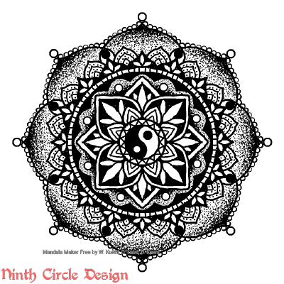 [Image description: white background, a mandala in black outlines, stippling, and fills with 4-fold/8-fold/16-fold symmetry and a ying-yang in the center. In lower left a red watermark reads "Ninth Circle Design".]