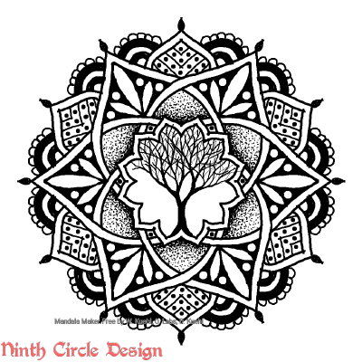 [Image description: white background, a mandala in black outlines, fills, and stippling, with 6-fold symmetry, and a sketched leafless tree in the center. Red watermark in lower left reads "Ninth Circle Design".]