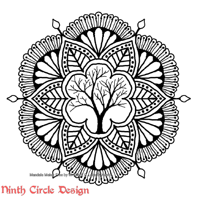 [Image description: white background, a mandala in black outlines and fills with 8-fold symmetry and a leafless tree in the center.]