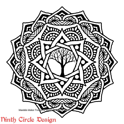 [Image description: white background, a mandala in black outlines and fills with 8-fold symmetry and with a leafless tree in the center.]