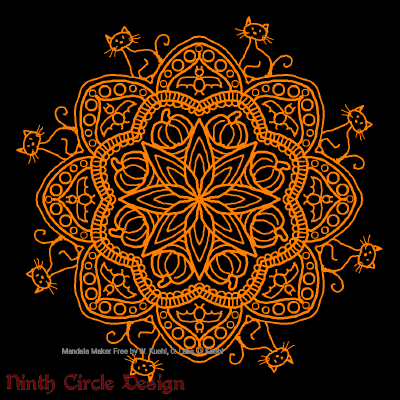 [Image description: black background, a mandala in orange outlines with 8-fold symmetry, including pumpkins, bats, and cats.]