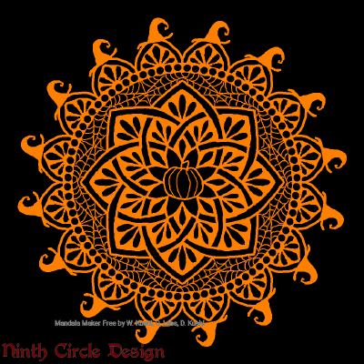 [Image description: black background, a mandala in orange outlines with 8-fold symmetry, including pumpkins, bats, and cats.]