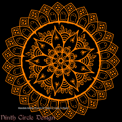 [Image description: black background, a mandala in orange outlines with 8-fold symmetry, including pumpkins, spiders, graveyards, & ghosts.]